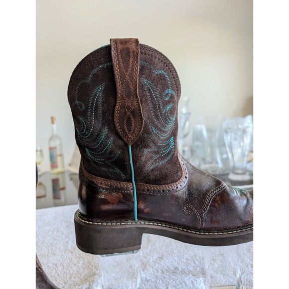 Ariat Women Western Boots Brown Turquoise Stitching Leather Round Toe - Picture 9 of 15